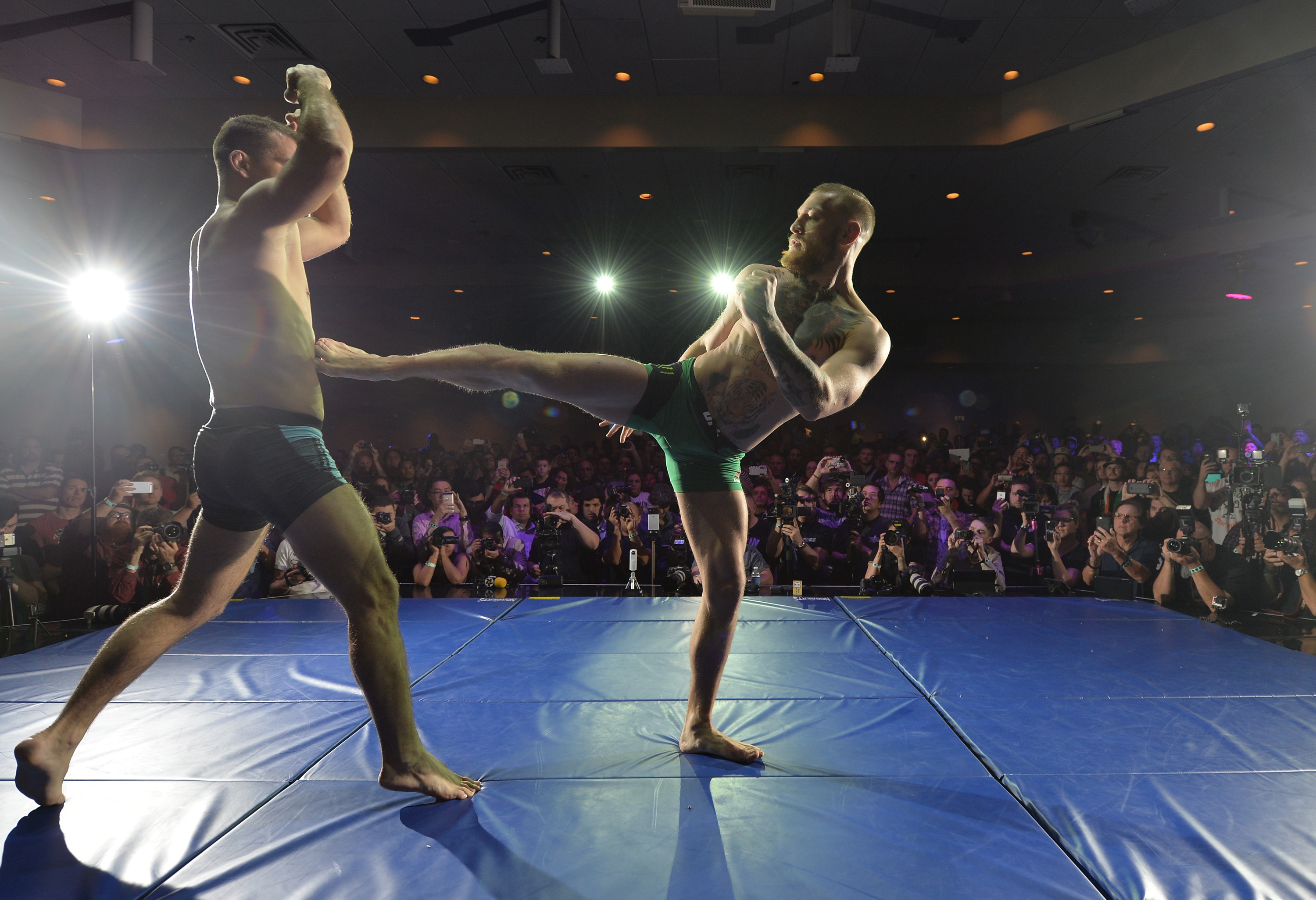 UFC featherweight champion Conor McGregor holds an open training session for fans and media at the Jabbawockeez Theater in the MGM Grand Hotel/Casino on March 2, 2016 in Las Vegas, Nevada. (Photo by Brandon Magnus/Zuffa LLC)