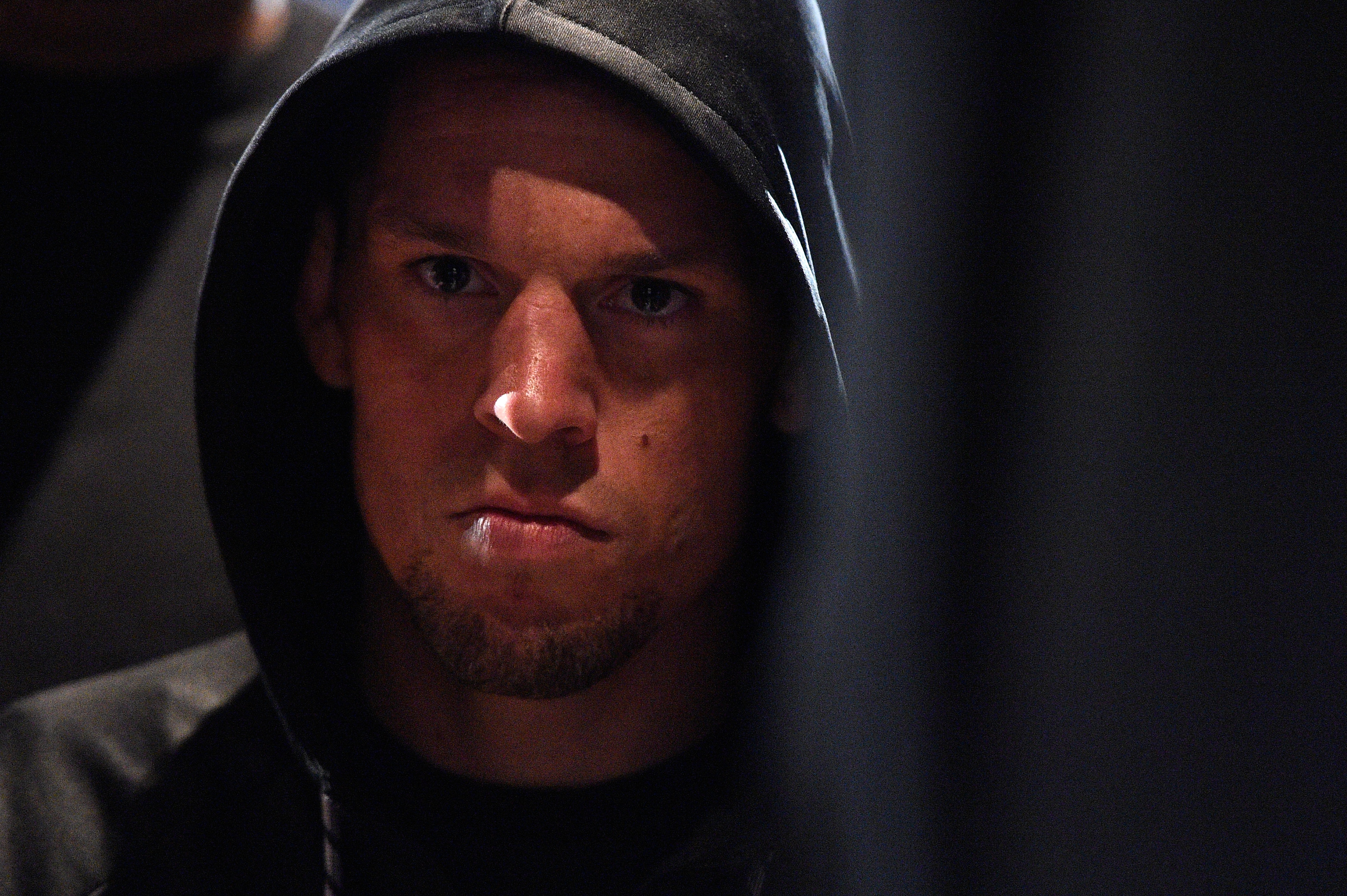 Nate Diaz waits backstage during the UFC 196 weigh-in at the MGM Grand Garden Arena on March 4, 2016 in Las Vegas, Nevada. (Photo by Jeff Bottari/Zuffa LLC)