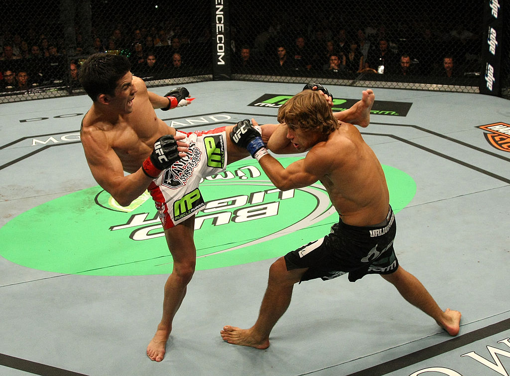 LAS VEGAS, NV - JULY 02: (L-R) Dominick Cruz kicks Urijah Faber during the UFC Bantamweight Championship bout at <a href='../event/UFC132'>UFC 132 </a>at MGM Grand Garden Arena. (Photo by Donald Miralle/Zuffa LLC)