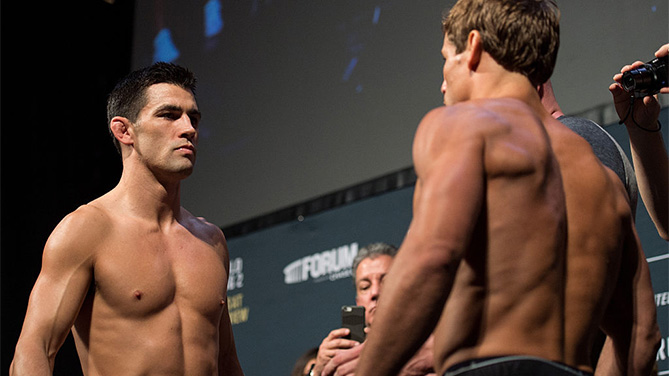 INGLEWOOD, CA - JUNE 03: (L-R) <a href='../fighter/Dominick-Cruz'>Dominick Cruz</a> and <a href='../fighter/Urijah-Faber'>Urijah Faber</a> face off during the UFC 199: Weigh-in Event at the Forum. (Photo by Brandon Magnus/Zuffa LLC)