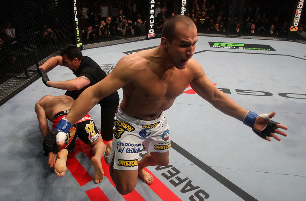 ANAHEIM, CA - NOVEMBER 12: Junior dos Santos celebrates after punching to defeat Cain Velasquez by TKO in the first round of their Heavyweight Championship Title bout during the UFC on FOX event at the Honda Center on November 12, 2011 in Anaheim, California. (Photo by Donald Miralle/Zuffa LLC)