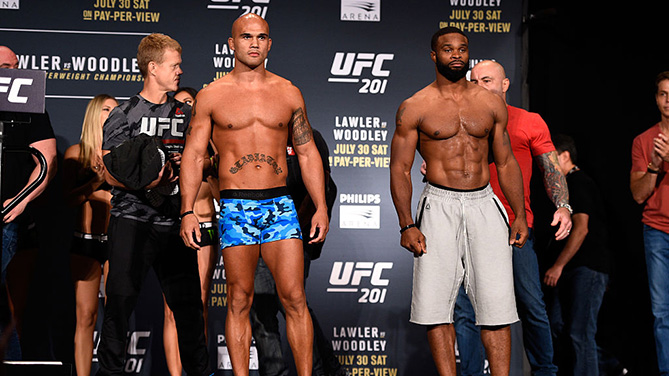 ATLANTA, GA - JULY 29: (L-R) Opponents Robbie Lawler and Tyron Woodley face off during the UFC 201 weigh-in at Fox Theatre on July 29, 2016 in Atlanta, Georgia. (Photo by Jeff Bottari/Zuffa LLC)