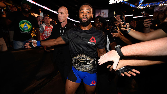 ATLANTA, GA - JULY 30: Tyron Woodley celebrates his knockout victory over Robbie Lawler in their welterweight championship bout during the UFC 201 event on July 30, 2016. (Photo by Jeff Bottari/Zuffa LLC)