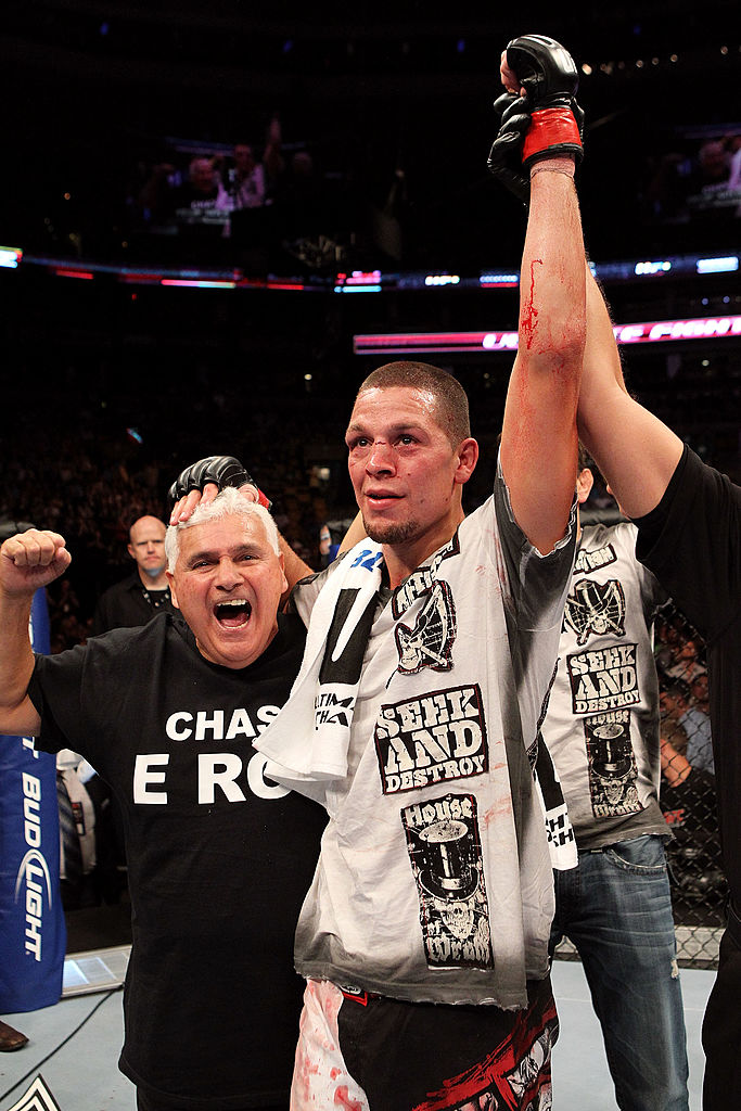 BOSTON - AUG. 28: Nate Diaz celebrates after defeating <a href='../fighter/Marcus-Davis'>Marcus Davis</a> during their UFC welterweight bout at the TD Garden. (Photo by Josh Hedges/Zuffa LLC)