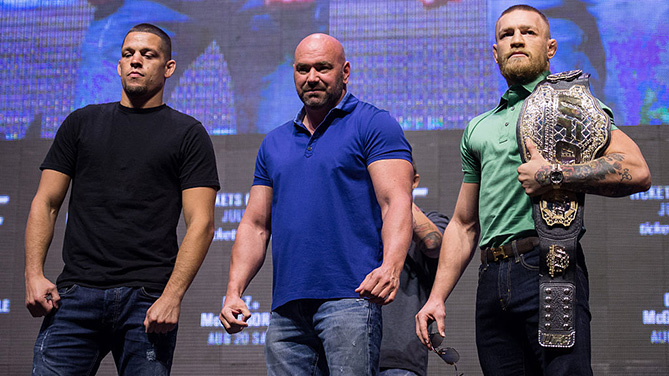 LAS VEGAS, NV - JULY 07: (L-R) <a href='../fighter/Nate-Diaz'>Nate Diaz</a> and <a href='../fighter/Conor-McGregor'>Conor McGregor</a> pose for a picture during the UFC 202 - Press Conference at TMobile Arena. (Photo by Brandon Magnus/Zuffa LLC)