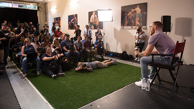 LAS VEGAS, NV - AUG. 12: UFC featherweight champion Conor McGregor speaks to the media. (Photo by Brandon Magnus/Zuffa LLC)