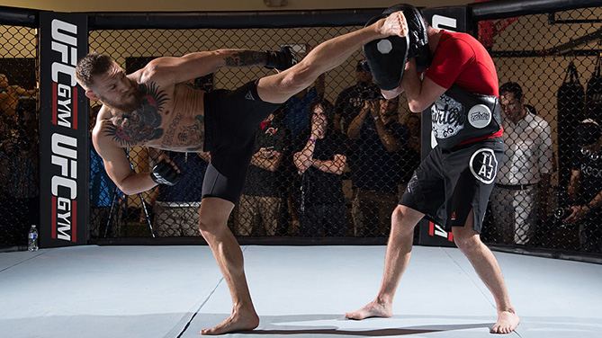 LAS VEGAS, NV - AUG. 12: UFC featherweight champion Conor McGregor holds an open training session. (Photo by Brandon Magnus/Zuffa LLC)