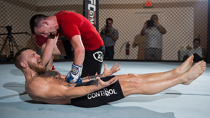 LAS VEGAS, NV - AUG. 12: UFC featherweight champion Conor McGregor holds an open training session. (Photo by Brandon Magnus/Zuffa LLC)