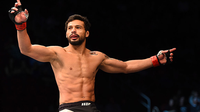 HOUSTON, TX - OCT 03: Adriano Martins celebrates his knockout victory over Islam Makhachev in their lightweight bout during the UFC 192 event at the Toyota Center. (Photo by Josh Hedges/Zuffa LLC)