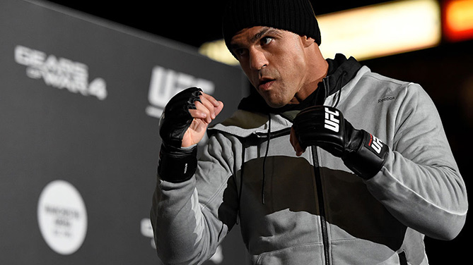 MANCHESTER, ENGLAND - OCT. 05: Vitor Belfort of Brazil holds an open training session for fans and media at the Manchester Arena. (Photo by Josh Hedges/Zuffa LLC)
