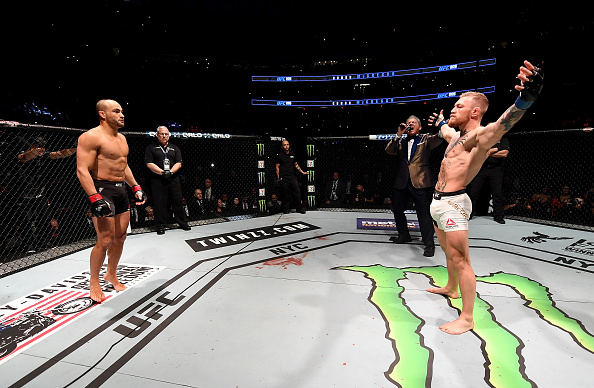 NEW YORK, NY - NOVEMBER 12: Eddie Alvarez of the United States (left) prepares for his fight against Conor McGregor of Ireland in their lightweight championship bout during the UFC 205 event at Madison Square Garden on November 12, 2016 in New York City. (Photo by Jeff Bottari/Zuffa LLC/Zuffa LLC via Getty Images)