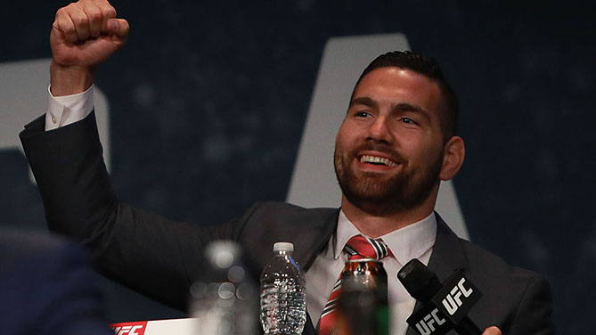 NEW YORK, NY - SEPT. 27: Chris Weidman reacts during the UFC 205 press conference at The Theater at Madison Square Garden. (Photo by Michael Reaves/Getty Images))