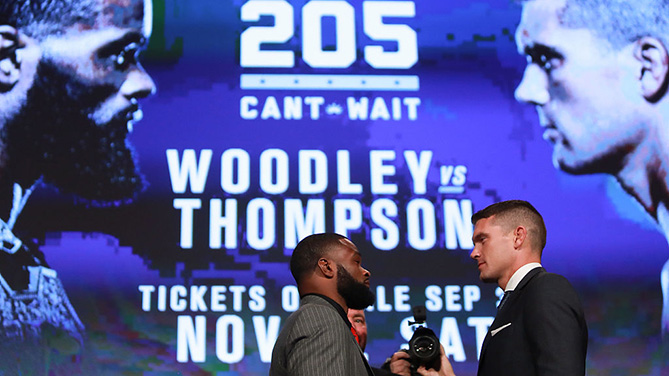 NEW YORK, NY - SEPT. 27: Tyron Woodley and Stephen Thompson face off during the UFC 205 press conference at The Theater at Madison Square Garden. (Photo by Michael Reaves/Getty Images)