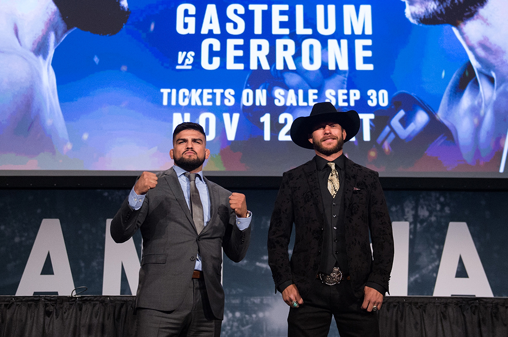 Gastelum and Cerrone meet on stage during the UFC 205 press conference