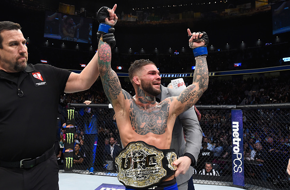 <a href='../fighter/cody-garbrandt'>Cody Garbrandt</a> celebrates after defeating <a href='../fighter/Dominick-Cruz'>Dominick Cruz</a> at UFC 207 to become bantamweight champ