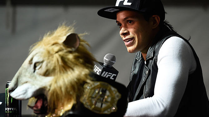 LAS VEGAS, NV - DEC. 30: UFC women's bantamweight champion Amanda Nunes speaks to the media after the UFC 207 event inside T-Mobile Arena. (Photo by Brandon Magnus/Zuffa LLC)