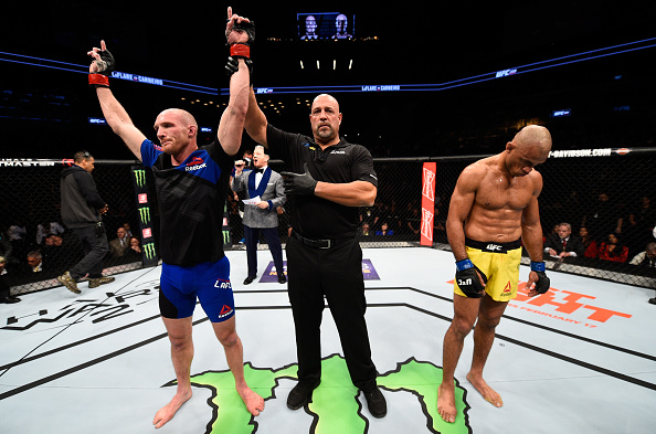 Ryan LaFlare celebrates a victory over <a href='../fighter/Roan-Carneiro'>Roan Carneiro</a> at UFC 208