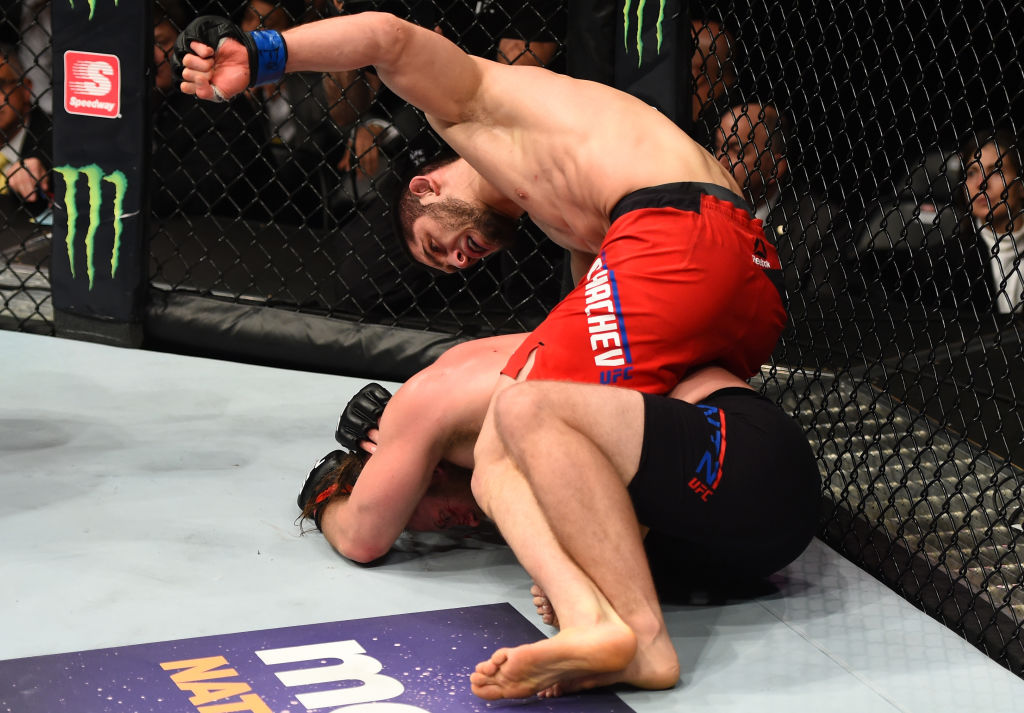 BROOKLYN, NEW YORK - FEBRUARY 11: Islam Makhachev of Russia (top) punches Nik Lentz in their lightweight bout during the UFC 208 event inside Barclays Center on February 11, 2017 in Brooklyn, New York. (Photo by Jeff Bottari/Zuffa LLC)