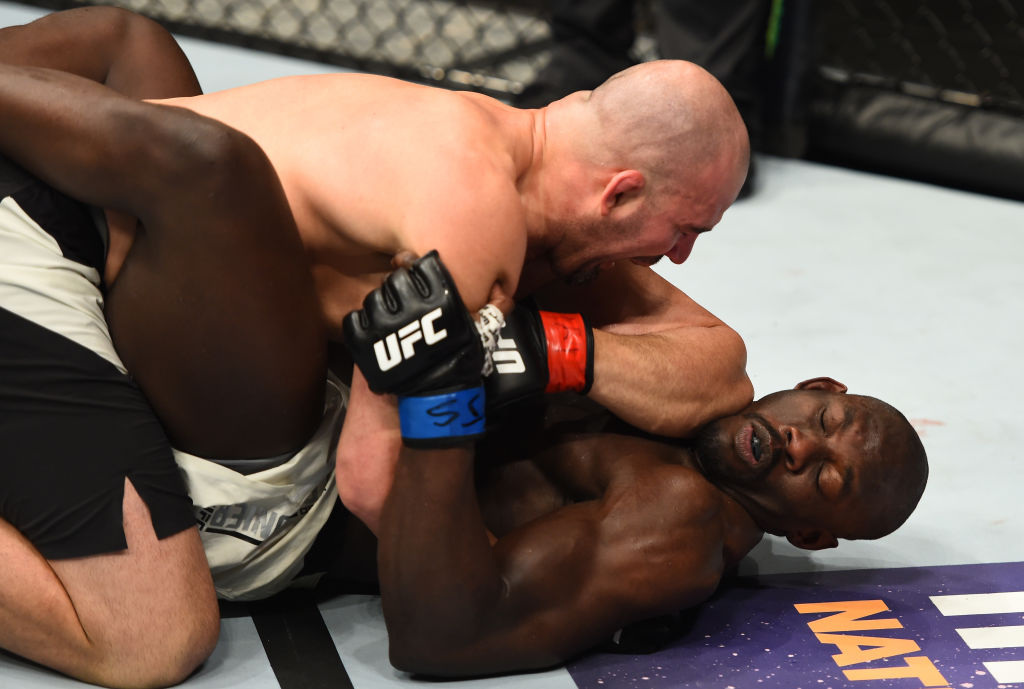 BROOKLYN, NEW YORK - FEBRUARY 11: (L-R) Glover Teixeira of Brazil elbows Jared Cannonier in their light heavyweight bout during the UFC 208 event inside Barclays Center on February 11, 2017 in Brooklyn, New York. (Photo by Jeff Bottari/Zuffa LLC)