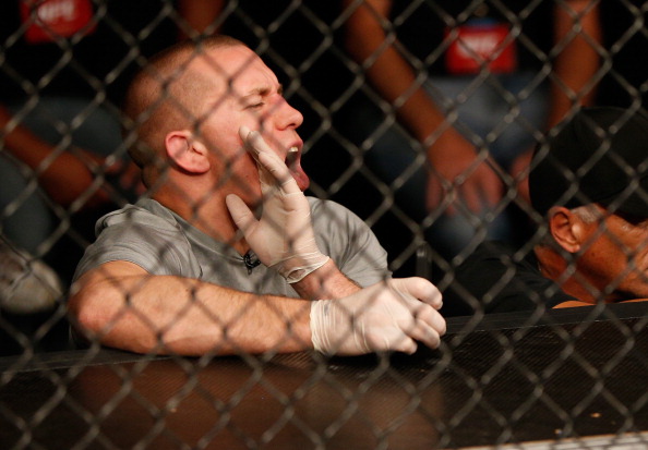 JARAGUA DO SUL, BRAZIL - FEBRUARY 15: Former UFC welterweight champion Georges St-Pierre shouts instructions to <a href='../fighter/Francis-Carmont'>Francis Carmont</a> in his middleweight fight against Ronaldo