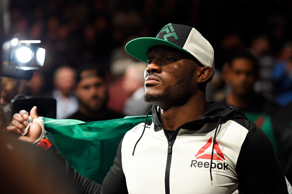 Kamaru Usman of Nigeria enters the Octagon prior to the fight against <a href='../fighter/Sean-Strickland'>Sean Strickland</a> in their welterweight bout during the UFC 210 event at KeyBank Center on April 8, 2017 in Buffalo, New York. (Photo by Josh Hedges/Zuffa LLC)