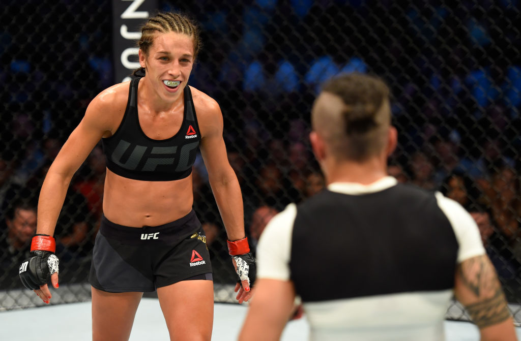 DALLAS, TX - MAY 13: (L-R) Joanna Jedrzejczyk circles Jessica Andrade in their UFC women's strawweight championship fight during the UFC 211 event at the American Airlines Center on May 13, 2017 in Dallas, Texas. (Photo by Josh Hedges/Zuffa LLC)