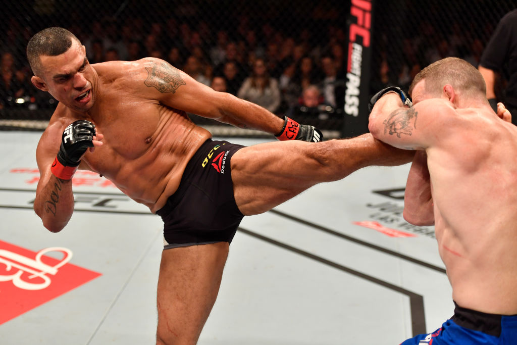 RIO DE JANEIRO, BRAZIL - JUNE 03: (L-R) Vitor Belfort of Brazil kicks Nate Marquardt in their middleweight bout during the UFC 212 event at Jeunesse Arena on June 3, 2017 in Rio de Janeiro, Brazil. (Photo by Jeff Bottari/Zuffa LLC)