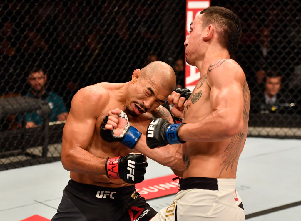 RIO DE JANEIRO, BRAZIL - JUNE 03: (R-L) Max Holloway punches Jose Aldo of Brazil in their UFC featherweight championship bout during the UFC 212 event at Jeunesse Arena on June 3, 2017 in Rio de Janeiro, Brazil. (Photo by Jeff Bottari/Zuffa LLC)