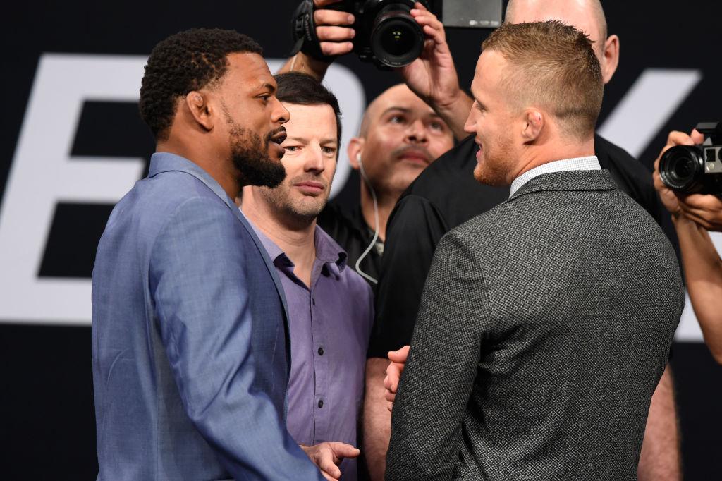 Michael Johnson and Justin Gaethje face off during the UFC Summer Kickoff Press Conference at the American Airlines Center on May 12, 2017 in Dallas, Texas. (Photo by Josh Hedges/Zuffa LLC/)