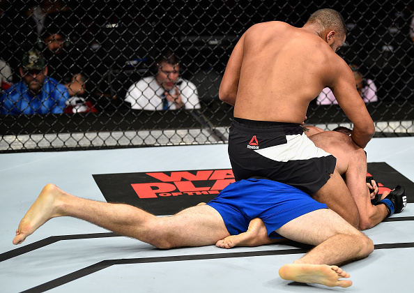 LAS VEGAS, NV - JULY 08: Trevin Giles (top) punches James Bochnovic in their light heavyweight bout during the UFC 213 event at T-Mobile Arena on July 8, 2017 in Las Vegas, Nevada. (Photo by Jeff Bottari/Zuffa LLC/Zuffa LLC via Getty Images)