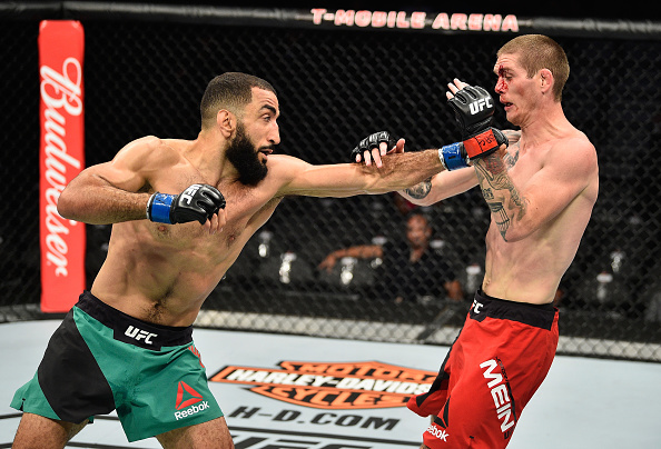 LAS VEGAS, NV - JULY 08: (L-R) Belal Muhammad punches Jordan Mein in their welterweight bout during the UFC 213 event at T-Mobile Arena on July 8, 2017 in Las Vegas, Nevada. (Photo by Jeff Bottari/Zuffa LLC/Zuffa LLC via Getty Images)