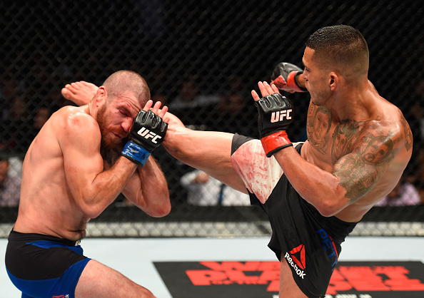 LAS VEGAS, NV - JULY 07: (L-R) Drakkar Klose taunts Marc Diakiese of England in their lightweight bout during The Ultimate Fighter Finale at T-Mobile Arena on July 7, 2017 in Las Vegas, Nevada. (Photo by Brandon Magnus/Zuffa LLC)