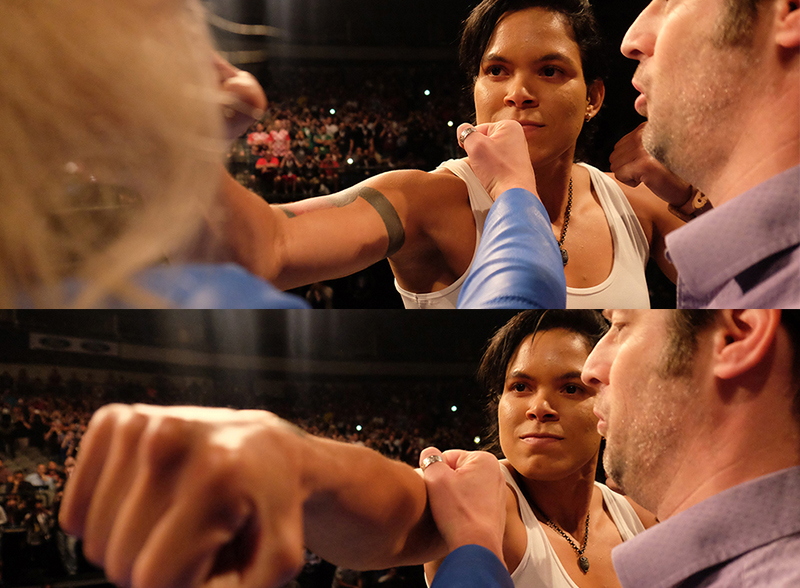Amanda Nunes stares down Valentina Shevchenko at LA Media Day, 2017.