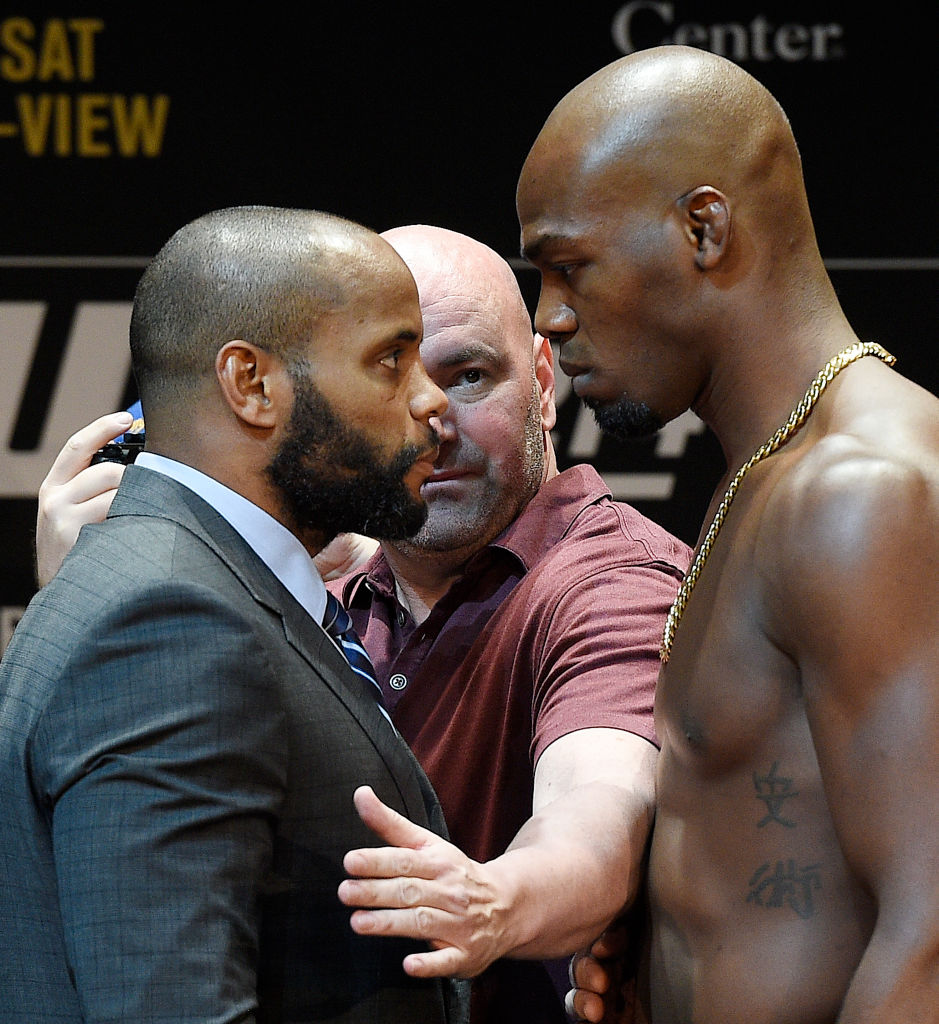 LOS ANGELES, CA - JULY 26: Dana White (C), UFC President, separates the two fighters Daniel Cormier (L) and Jon Jones during the UFC 214 Press Conference at The Novo by Microsoft July 26, 2017 in Los Angeles, California. (Photo by Kevork Djansezian/Zuffa LLC)
