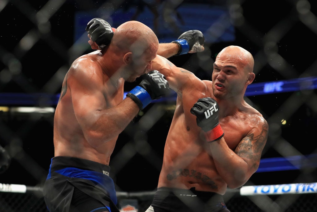 ANAHEIM, CA - JULY 29: <a href='../fighter/Robbie-Lawler'>Robbie Lawler</a> (black shorts) fights <a href='../fighter/Donald-Cerrone'>Donald Cerrone</a> during their Welterweight bout at UFC 214 at Honda Center on July 29, 2017 in Anaheim, California. (Photo by Sean M. Haffey/Getty Images)