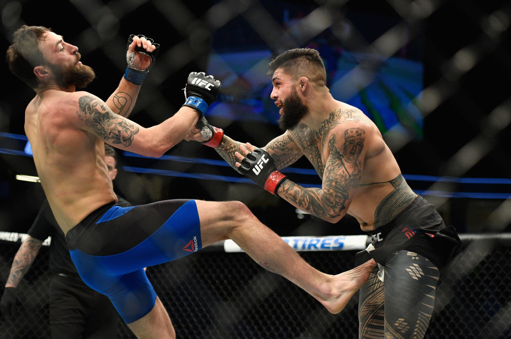 LAS VEGAS, NV - MARCH 04: (R-L) <a href='../fighter/tyson-pedro'>Tyson Pedro</a> of Australia punches Paul Craig of Scotland in their light heavyweight bout during the UFC 209 event at T-Mobile Arena on March 4, 2017 in Las Vegas, Nevada. (Photo by Jeff Bottari/Zuffa LLC)