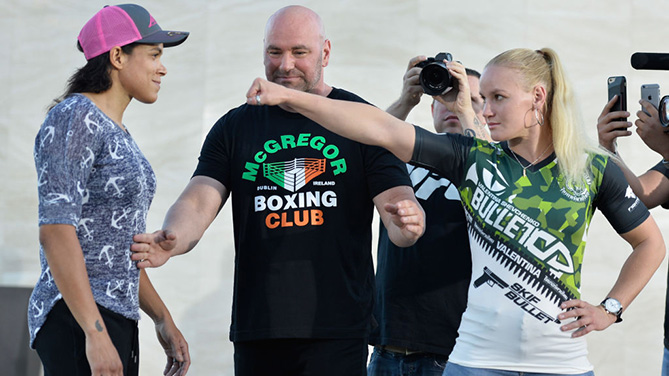 LAS VEGAS, NV - AUGUST 24: (L-R) Opponents Amanda Nunes of Brazil and Valentina Shevchenko of Kyrgyzstan face off during the UFC 215 & UFC 216 Title Bout Participants Las Vegas Media Day at the UFC Headquarters on August 24, 2017 in Las Vegas, Nevada. (Photo by Brandon Magnus/Zuffa LLC)