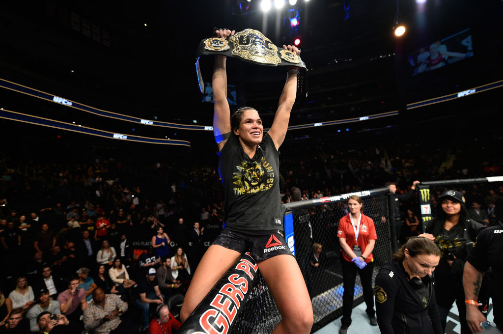 EDMONTON, AB - SEPTEMBER 09: <a href='../fighter/Amanda-Nunes'>Amanda Nunes</a> of Brazil celebrates her victory over <a href='../fighter/Valentina-Shevchenko'>Valentina Shevchenko</a> of Kyrgyzstan in their women's bantamweight bout during the UFC 215 event inside the Rogers Place on September 9, 2017 in Edmonton, Alberta, Canada. (Photo by Jeff Bottari/Zuffa LLC)