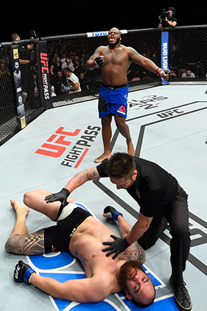 HALIFAX, NS - FEBRUARY 19: <a href='../fighter/Derrick-Lewis'>Derrick Lewis</a> (top) celebrates after defeating <a href='../fighter/Travis-Browne'>Travis Browne</a> in their heavyweight fight during the <a href='../event/UFC-Silva-vs-Irvin'>UFC Fight Night </a>event inside the Scotiabank Centre on February 19, 2017 in Halifax, Nova Scotia, Canada. (Photo by Josh Hedges/Zuffa LLC/Zuffa LLC via Getty Images)