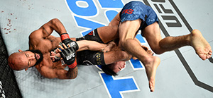 <a href='../fighter/Demetrious-Johnson'>Demetrious Johnson</a> secures an arm bar submission against <a href='../fighter/Ray-Borg'>Ray Borg</a> in their UFC flyweight championship bout during the UFC 216 event inside T-Mobile Arena on October 7, 2017 in Las Vegas, Nevada. (Photo by Jeff Bottari/Zuffa LLC)