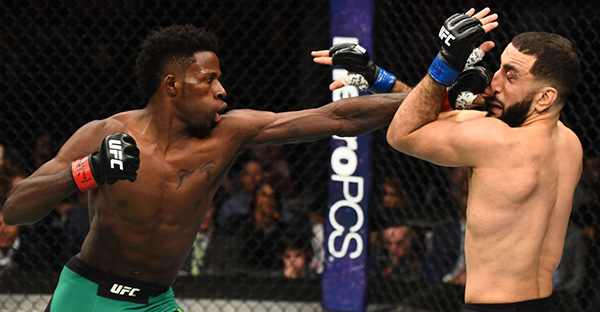 <a href='../fighter/Randy-Brown'>Randy Brown</a> of Jamaica punches <a href='../fighter/Belal-Muhammad'>Belal Muhammad</a> in their welterweight bout during the UFC 208 event inside Barclays Center on February 11, 2017 in Brooklyn, New York. (Photo by Jeff Bottari/Zuffa LLC)