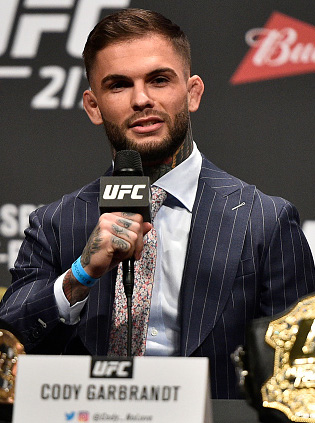 UFC bantamweight champion <a href='../fighter/cody-garbrandt'>Cody Garbrandt</a> interacts with fans and media during the UFC 217 news conference inside T-Mobile Arena on October 6, 2017 in Las Vegas, Nevada. (Photo by Jeff Bottari/Zuffa LLC)