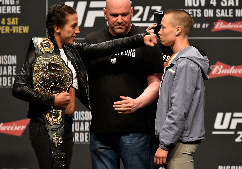 (L-R) Opponents Joanna Jedrzejczyk and Rose Namajunas face off during the UFC 217 news conference inside T-Mobile Arena on October 6, 2017 in Las Vegas, Nevada. (Photo by Jeff Bottari/Zuffa LLC)