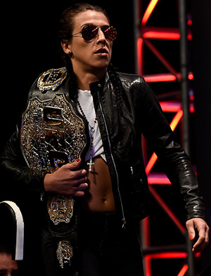 UFC strawweight champion Joanna Jedrzejczyk of Poland walks onto the stage during the UFC 217 news conference inside T-Mobile Arena on October 6, 2017 in Las Vegas, Nevada. (Photo by Brandon Magnus/Zuffa LLC)