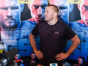 Georges St-Pierre addresses members of the media during the UFC Media Day at Tristar Gym on October 25, 2017 in Montreal, Quebec, Canada. (Photo by Minas Panagiotakis/Getty Images)