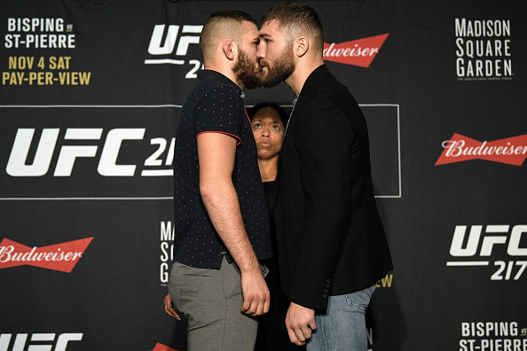 NEW YORK, NY - NOVEMBER 01: (L-R) Opponents <a href='../fighter/Michael-Oleksiejczuk'>Michael Oleksiejczuk</a> of Poland and Ion Cutelaba of Republic of Moldova face off during the UFC 217 <a href='../event/Ultimate-Brazil'>Ultimate </a>Media Day inside the Theater Lobby at Madison Square Garden on November 1, 2017 in New York City. (Photo by Jeff Bottari/Zuffa LLC/Zuffa LLC via Getty Images)
