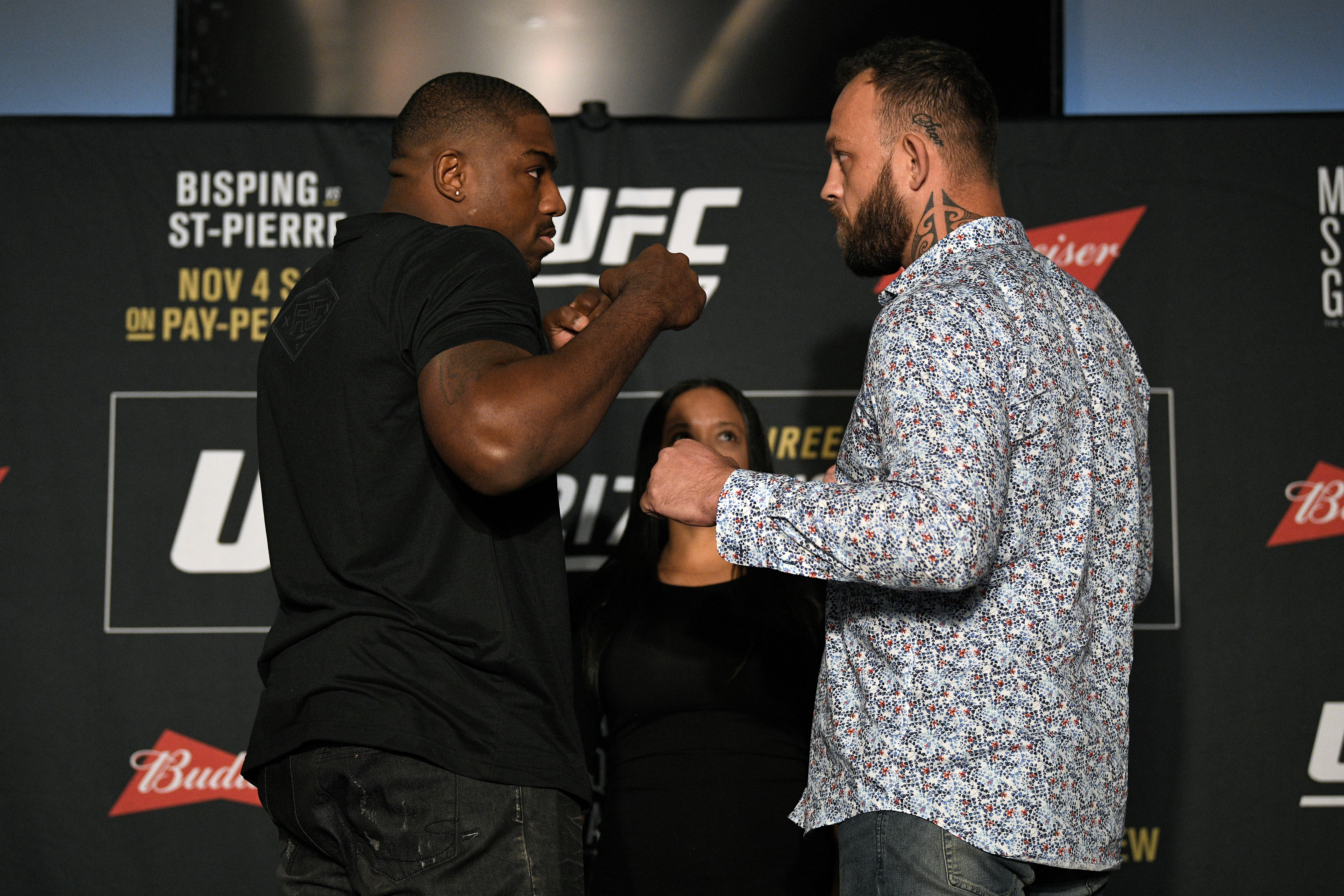 NEW YORK, NY - NOVEMBER 01: (L-R) Opponents Walt Harris and <a href='../fighter/mark-godbeer'><a href='../fighter/mark-godbeer'>Mark Godbeer</a></a> of England face off during the UFC 217 <a href='../event/<a href='../event/Ultimate-Brazil'>Ultimate-</a>Brazil'>Ultimate </a>Media Day inside the Theater Lobby at Madison Square Garden on November 1, 2017 in New York City. (Photo by Jeff Bottari/Zuffa LLC/Zuffa LLC via Getty Images)