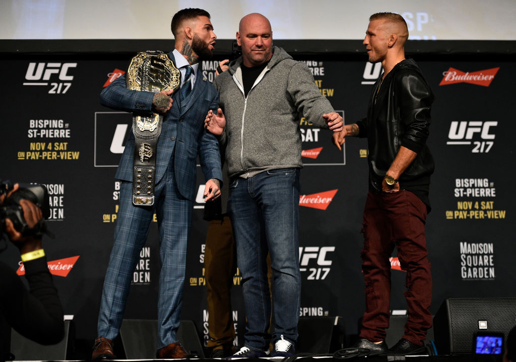 (L-R) Opponents <a href='../fighter/cody-garbrandt'>Cody Garbrandt</a> and <a href='../fighter/TJ-Dillashaw'>TJ Dillashaw</a> face off during the UFC 217 Press Conference inside Madison Square Garden on November 2, 2017 in New York City. (Photo by Jeff Bottari/Zuffa LLC)