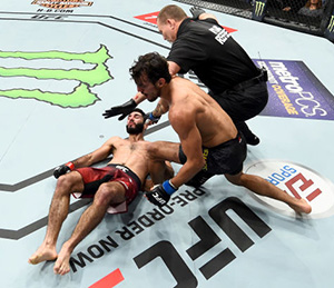 NEW YORK, NY - NOVEMBER 04: Ricardo Ramos of Brazil knocks out Aiemann Zahabi of Canada in their bantamweight bout during the UFC 217 event at Madison Square Garden on November 4, 2017 in New York City. (Photo by Josh Hedges/Zuffa LLC)