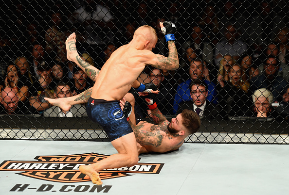 NEW YORK, NY - NOVEMBER 04: TJ Dillashaw fights Cody Garbrandt in their UFC bantamweight championship bout during the UFC 217 event at Madison Square Garden on November 4, 2017 in New York City. (Photo by Josh Hedges/Zuffa LLC/Zuffa LLC via Getty Images)